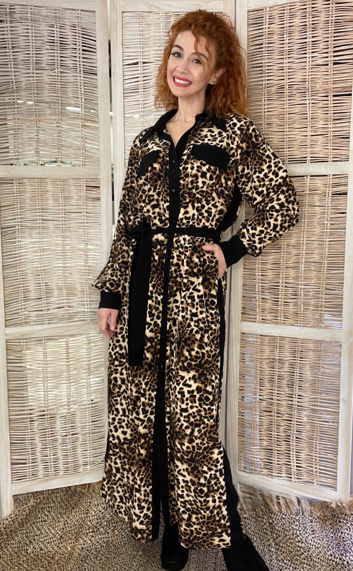 Γυναικείο Φόρεμα Λεοπάρ σε Ίσια Γραμμή με Τσέπες στο Στήθος