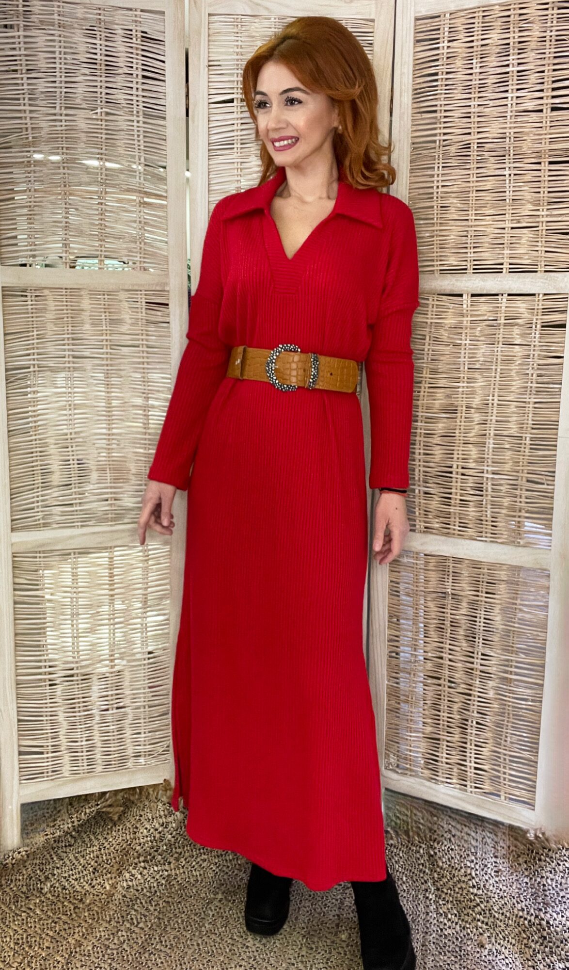 Γυναικείο Φόρεμα Πλεκτό με Γιακά και Σκισίματα Κόκκινο