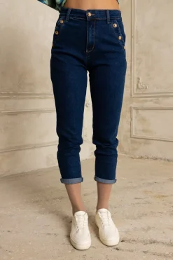 Γυναικείο Παντελόνι Τζιν Mum Fit με Χρυσά Κουμπιά