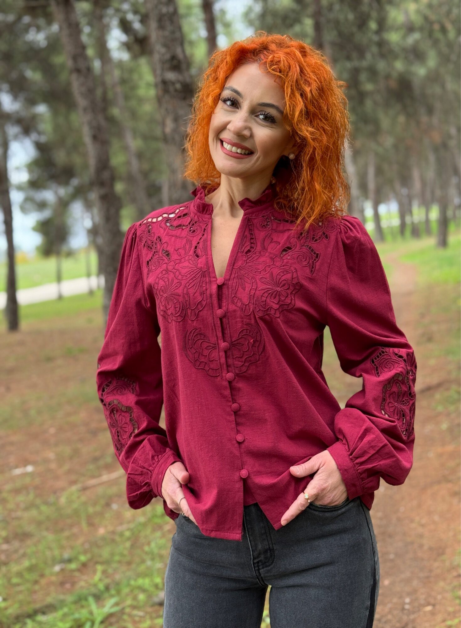 Γυναικείο Πουκάμισο Μπορντό με Κέντημα